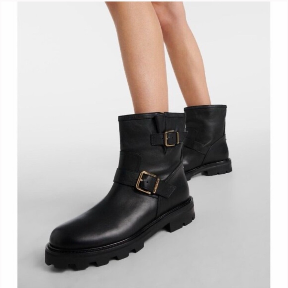 NEW Jimmy Choo Youth II Buckled Leather Ankle Boots in Black NWOB
